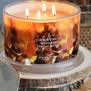 NEW HomeWorx Chestnut Wood Candle Luxury praline smoked cedar mahogany NIB HTF